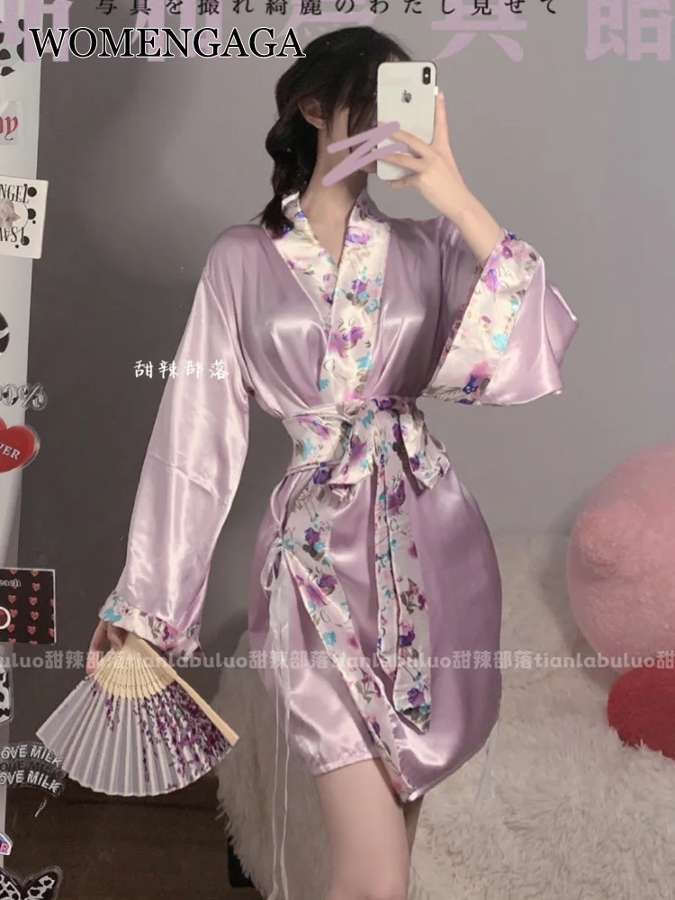 

Милая Пряная элегантная фиолетовая ночная рубашка TVVOVVIN, шелковое мини-платье с принтом и бантом на талии, пикантные женские топы 2022, корейск...