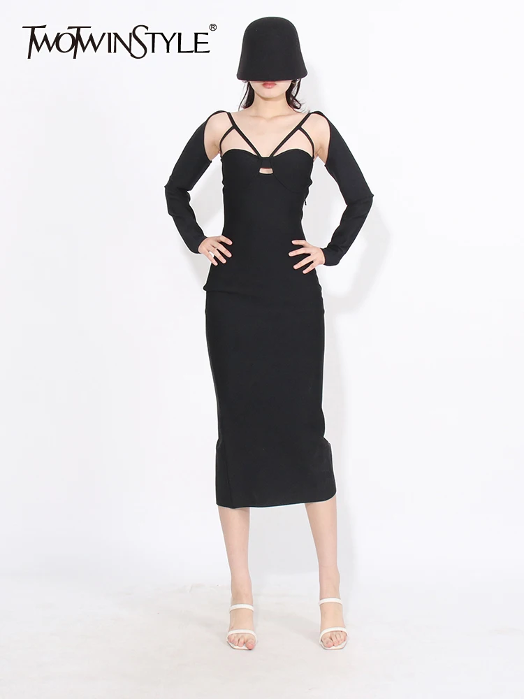

TWOTWINSTYLE Solid Hollow Out Slimming Sexy Dresses For Women V Neck Long Sleeve High Waist Split Bodycon Dress Female Fashion