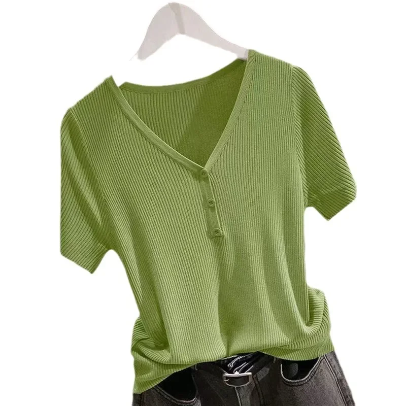 Женский вязаный топ из ледяного шелка с короткими рукавами новинка лета 2024