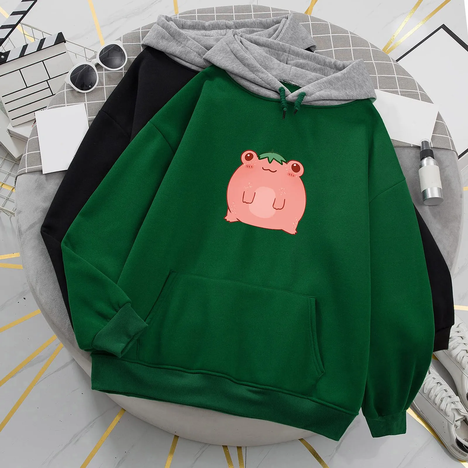 

Womens Casual Frog Print Long Sleeve Hooded Pocket Sweatshirt Loose Tops Tunic Hoodies Women Drawstring Pocket