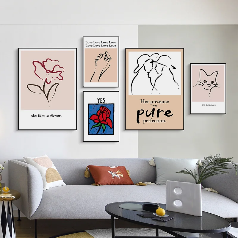 

Nordic Hand-painted Flowers Characters Animals Cats Couples Wall Canvas Posters Painting Prints For Living Room Morden Art Decor