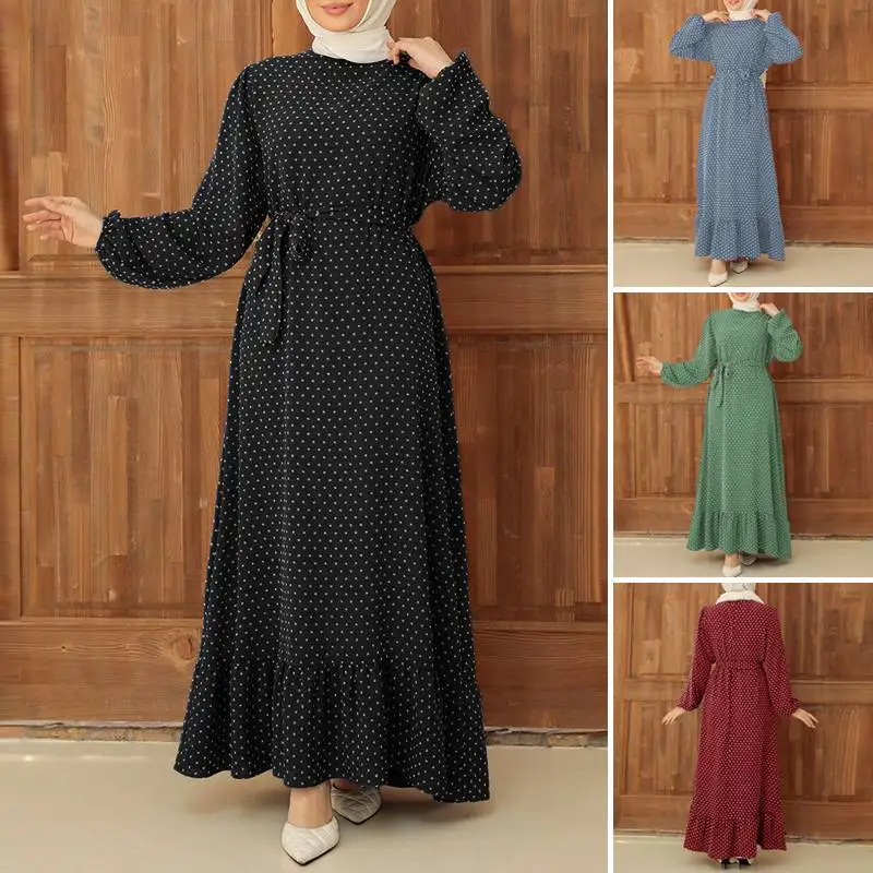 

Dot Print Muslim Dress Khimar Hijab Abaya Long Sleeve Islam Clothing Abayas Women Ruffled Edge Turkish Modesty Robe Jilbab