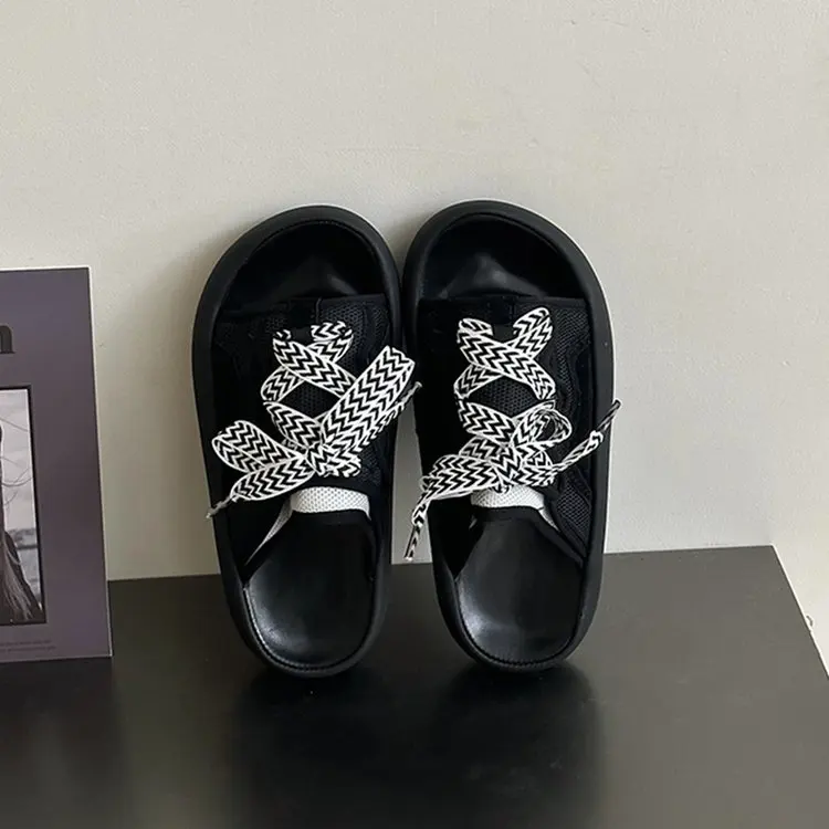 

Сандалии женские на шнуровке, удобные босоножки на толстой подошве, пляжные праздничные, черные и белые, 2023, лето