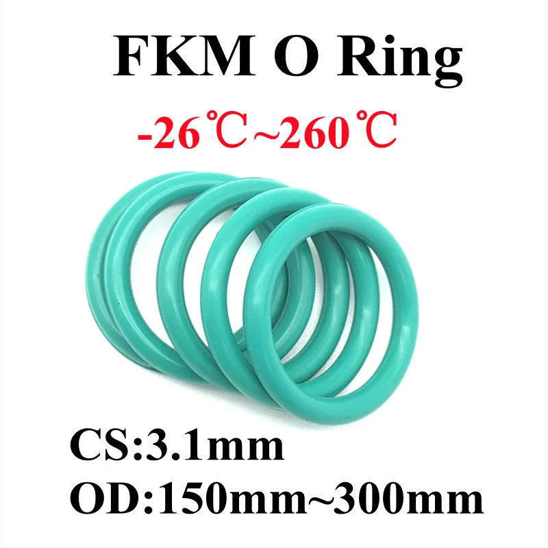 

5Pcs FKM Fluorine Rubber O Ring Sealing Gasket Thickness CS 3.1mm OD 150~ 300mm Insulation Oil High Temperature Resistance Green