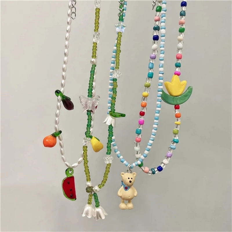

Kpop Vintage Harajuku Cute Pearls Flowers Fruit Colorful Beaded Choker Necklace For Women Y2K Grunge Collares Aesthetic Jewelry