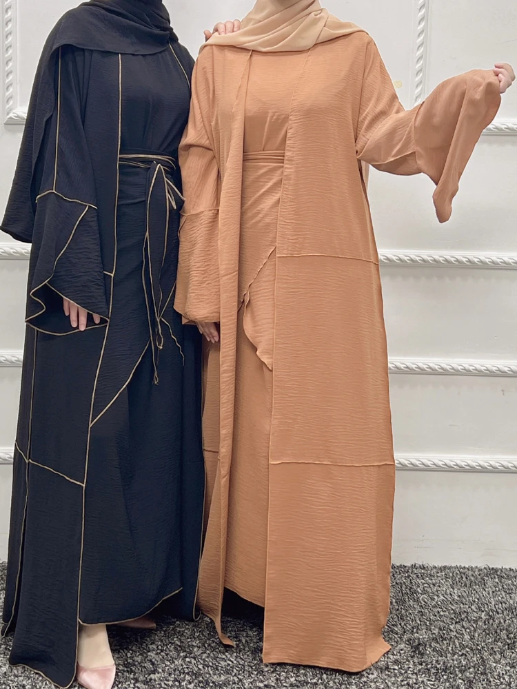 Abaya Dubai Turkey Muslim Hijab Dress Long Sleeve Open Abaya + Apron + Inner Dress Ensemble Femme Musulmane Islamic Clothing
