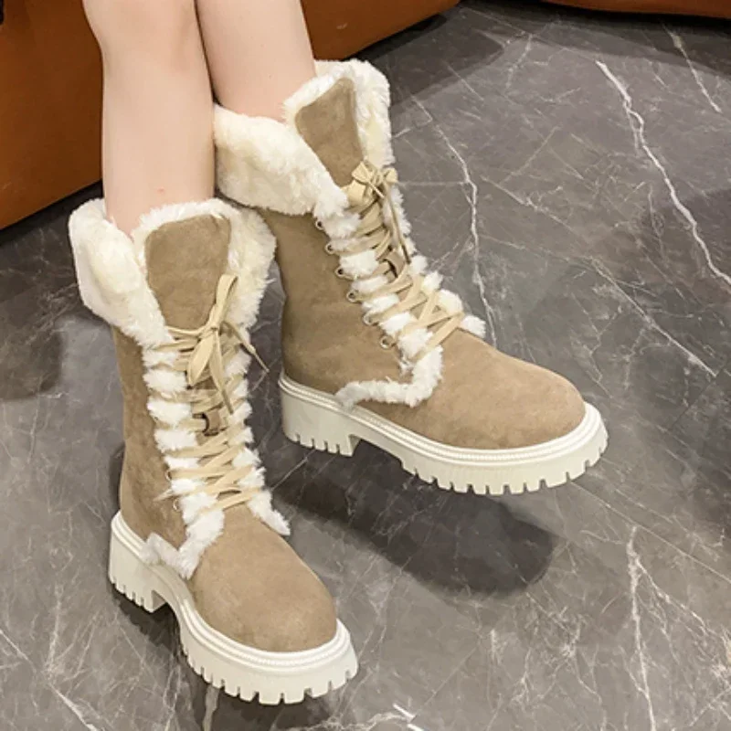 

Shoes for Women 2023 Brand Lace Up Women's Boots Winter Round Toe Solid Flock Plush Warm Platform Water Proof Fashion Boots