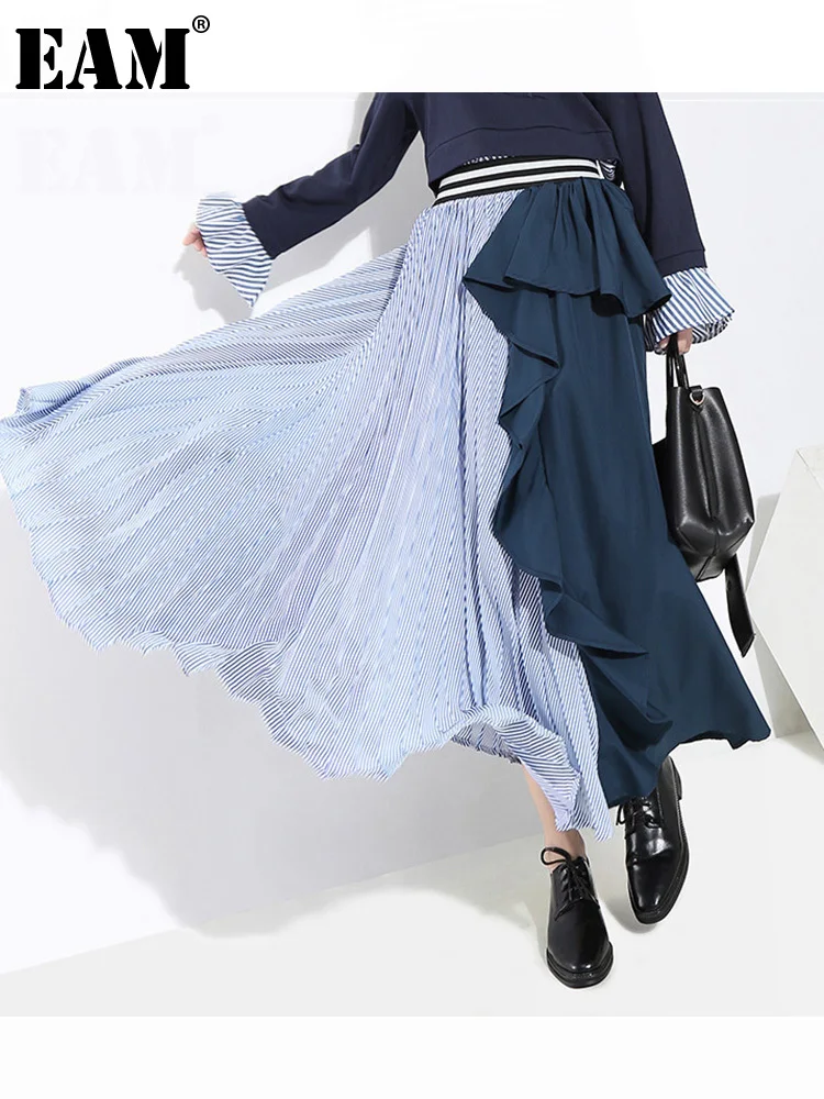 

[EAM] 2022 New Spring High Elastic Waist Black Striped Ruffles Stitch Loose Irreglar Half-body Skirt Women Fashion JI236
