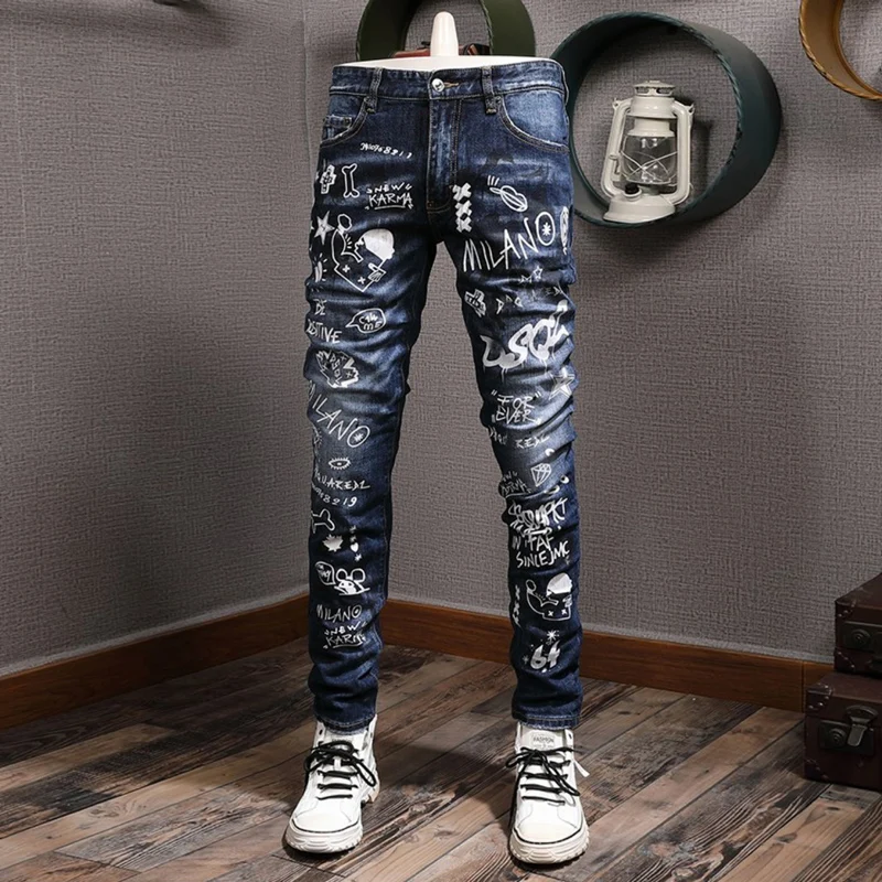 Fashion Streetwear Men Jeans Retro Blue Stretch Slim Ripped Jeans Men Punk Trousers Printed Designer Hip Hop Brand Pants Hombre