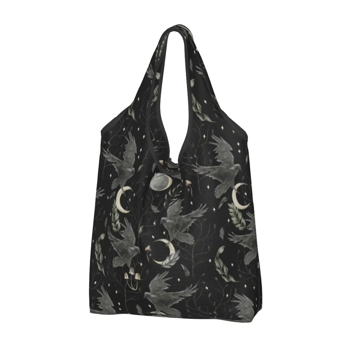 

Reusable Crow Moon Shopping Bag Women Tote Bag Portable Halloween Spooky Witch Groceries Shopper Bags