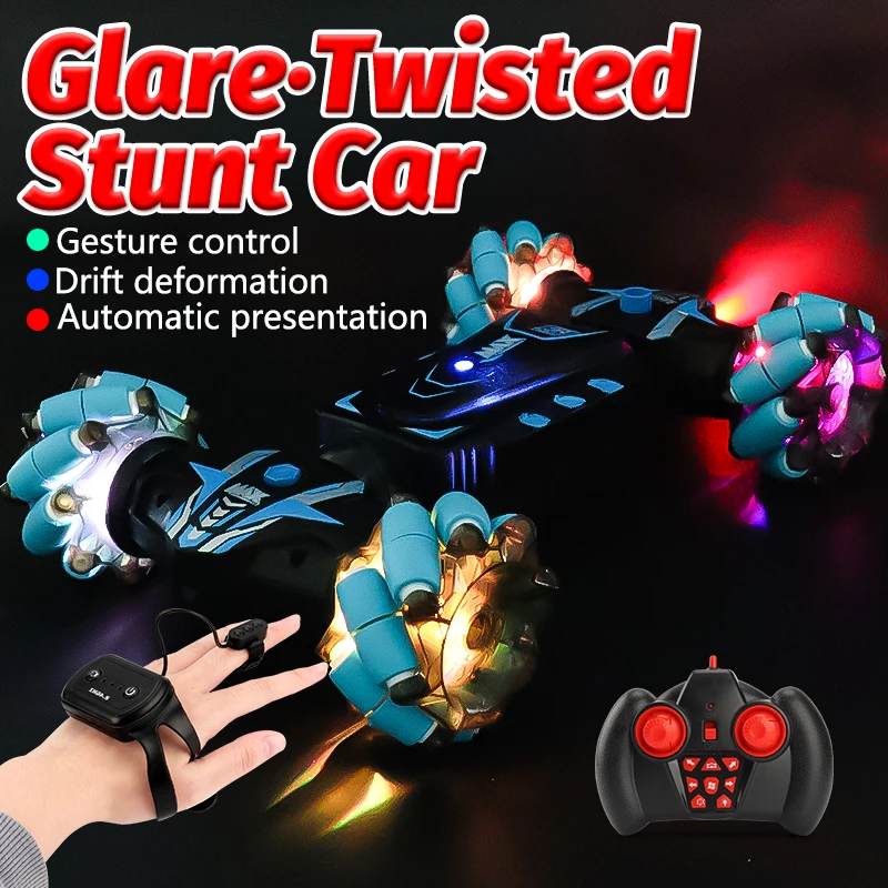 2.4G 4WD Twist Stunt Car Radio Gesture Induction Deformation Remote Control Spray Drift Cars with Light RC Toys for Children Boy