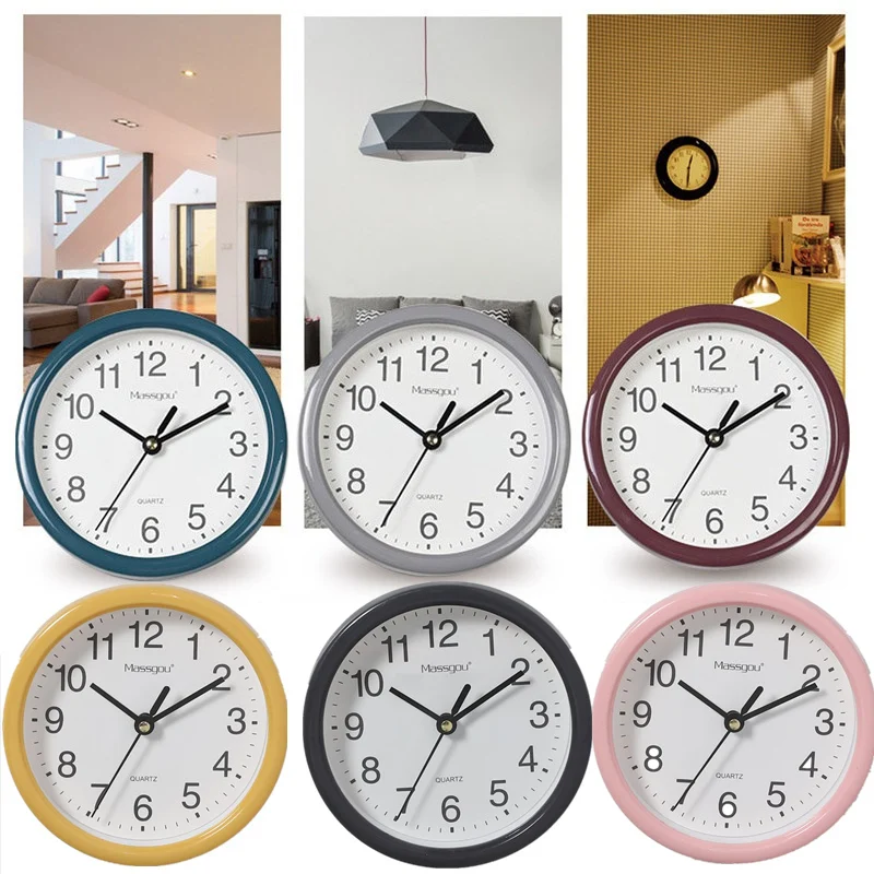 Relojes de pared pequeños minimalistas con Marco, plástico transparente, colores dulces, reloj colgante silencioso de 15cm, decoración del hogar para sala de estar