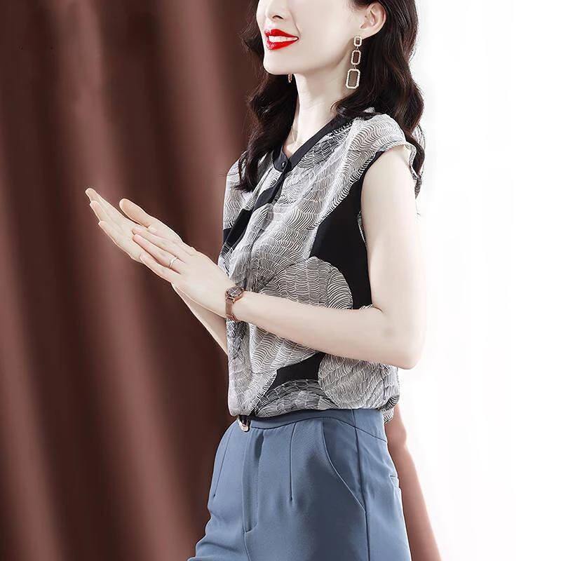 

Summer Korean Chiffon Shirts Women's New Short Sleeve Round Neck Printed Blouse Casual Ladies Elegant Top