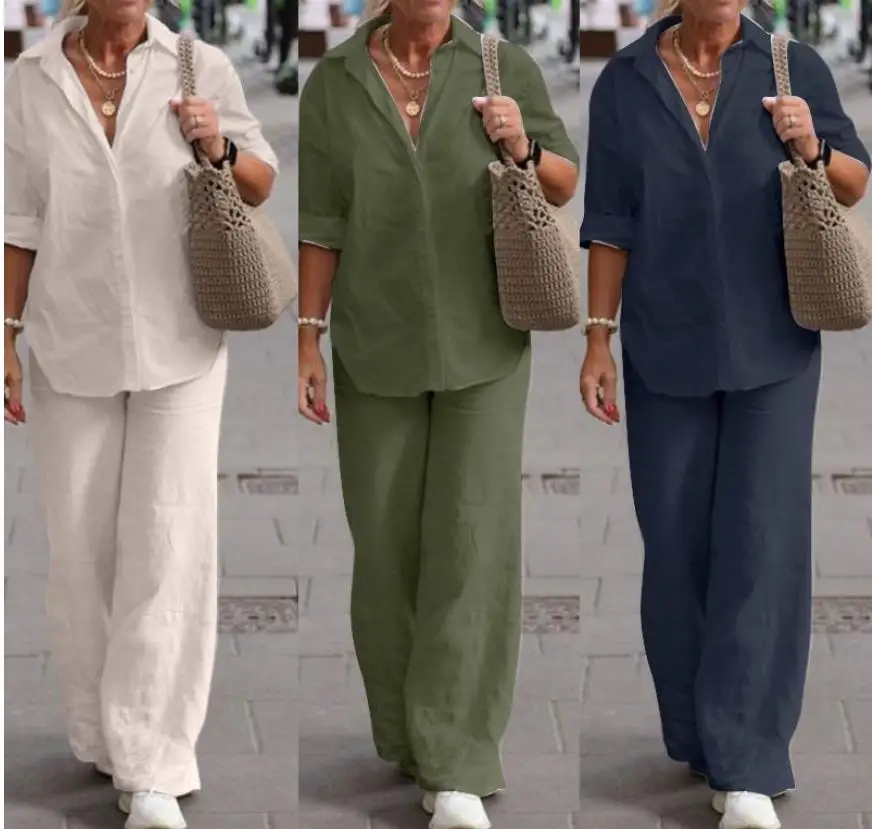 

Костюм-двойка женский летний из рубашки с отложным воротником и брюк с широкими штанинами