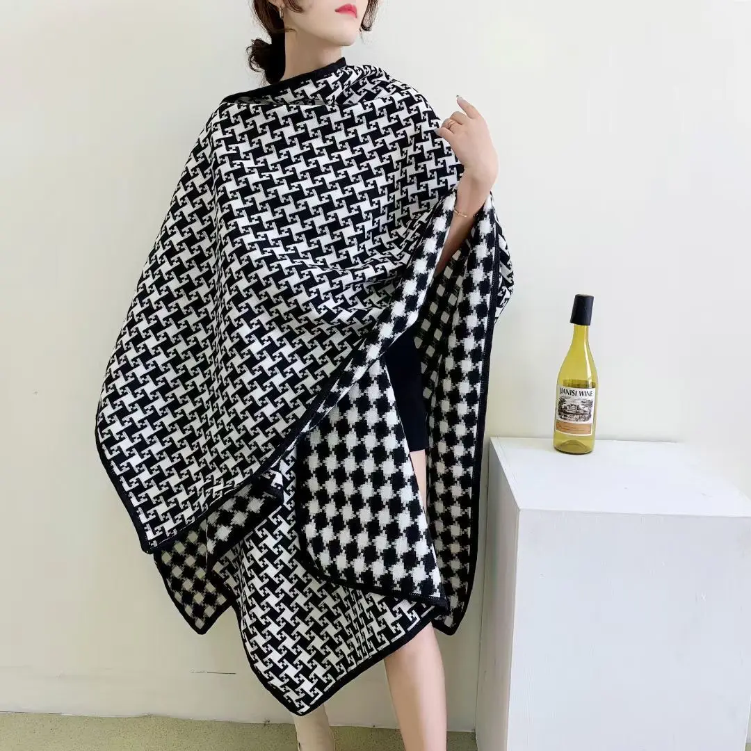 SC245 2018 Женский вязаный клетчатый бархатный кардиган с вырезом плотный пончо