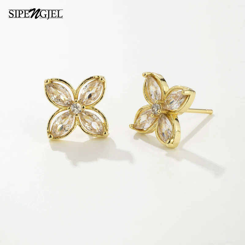

SIPENGJEL Fashion Cubic Zircon Crystal Flower Shape Earrings Gold Color Plante Stud Earrings for Women Party Jewelry