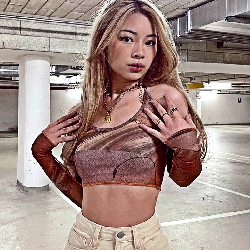 

women topsGothic Print Brown Tight Shirt Vintage Crops Shirt T-shirt Harajuku GarbageGloved Fashion T-shirt Women SummerT-shirt