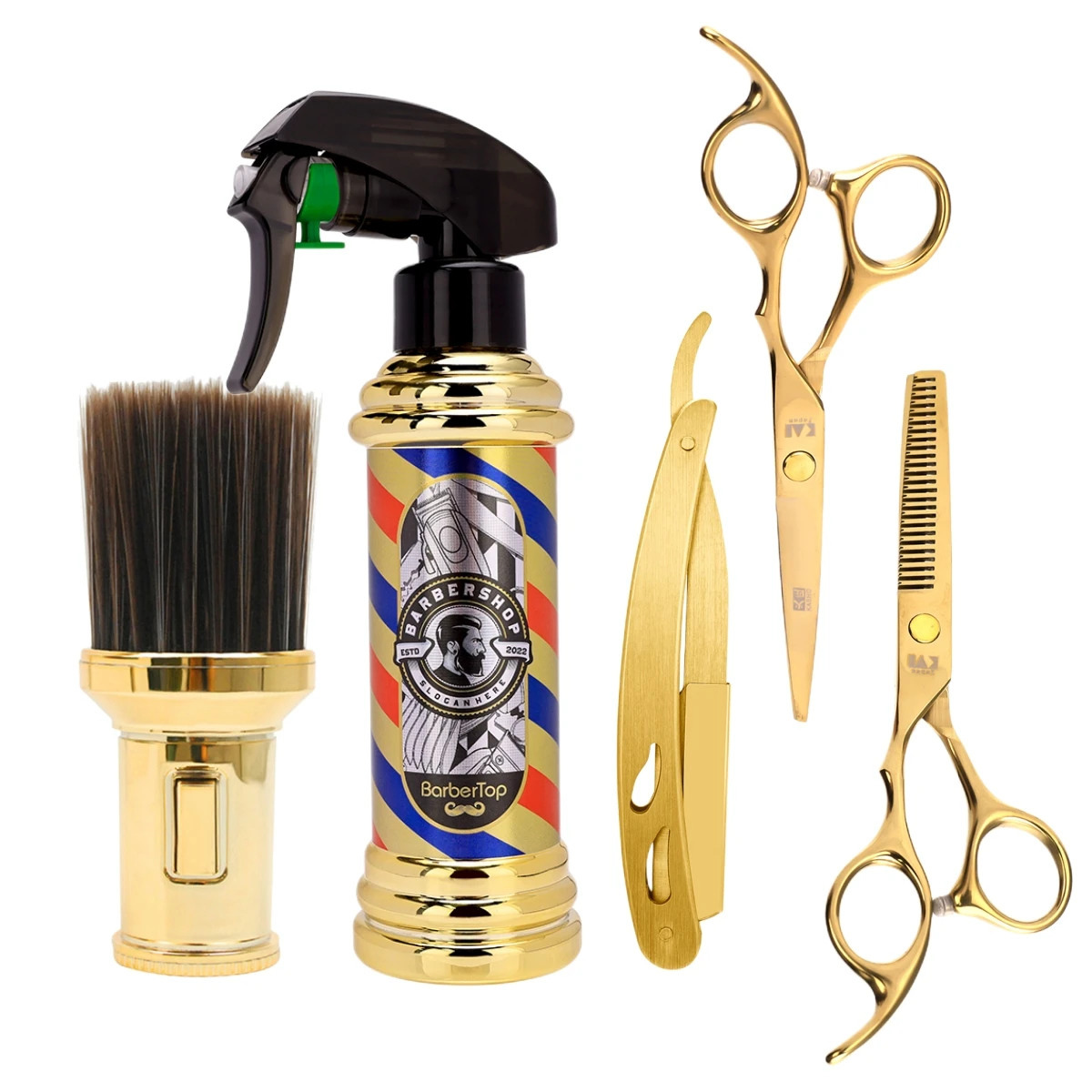 

5PCS/set Hairdressing Styling Tools Gold Barber Spary Bottle 6 Inch Haircut Scissors Men Manual Shaver Salon Hair Cleaning Brush
