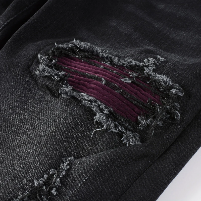Street Fashion Men Jeans Black Color Elastic Stretch Skinny Fit Ripped Jeans Men Red Purple Patched Designer Hip Hop Brand Pants