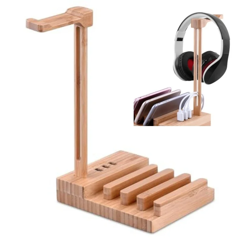Съемная подставка для наушников с 3 USB-интерфейсами зарядки деревянная