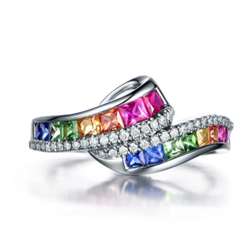 

New Cute Delicate Silver Color Geometric Rings For Women Multicolor CZ Stone Inlay Elegant Lady Wedding Party Jewelry Gift Ring