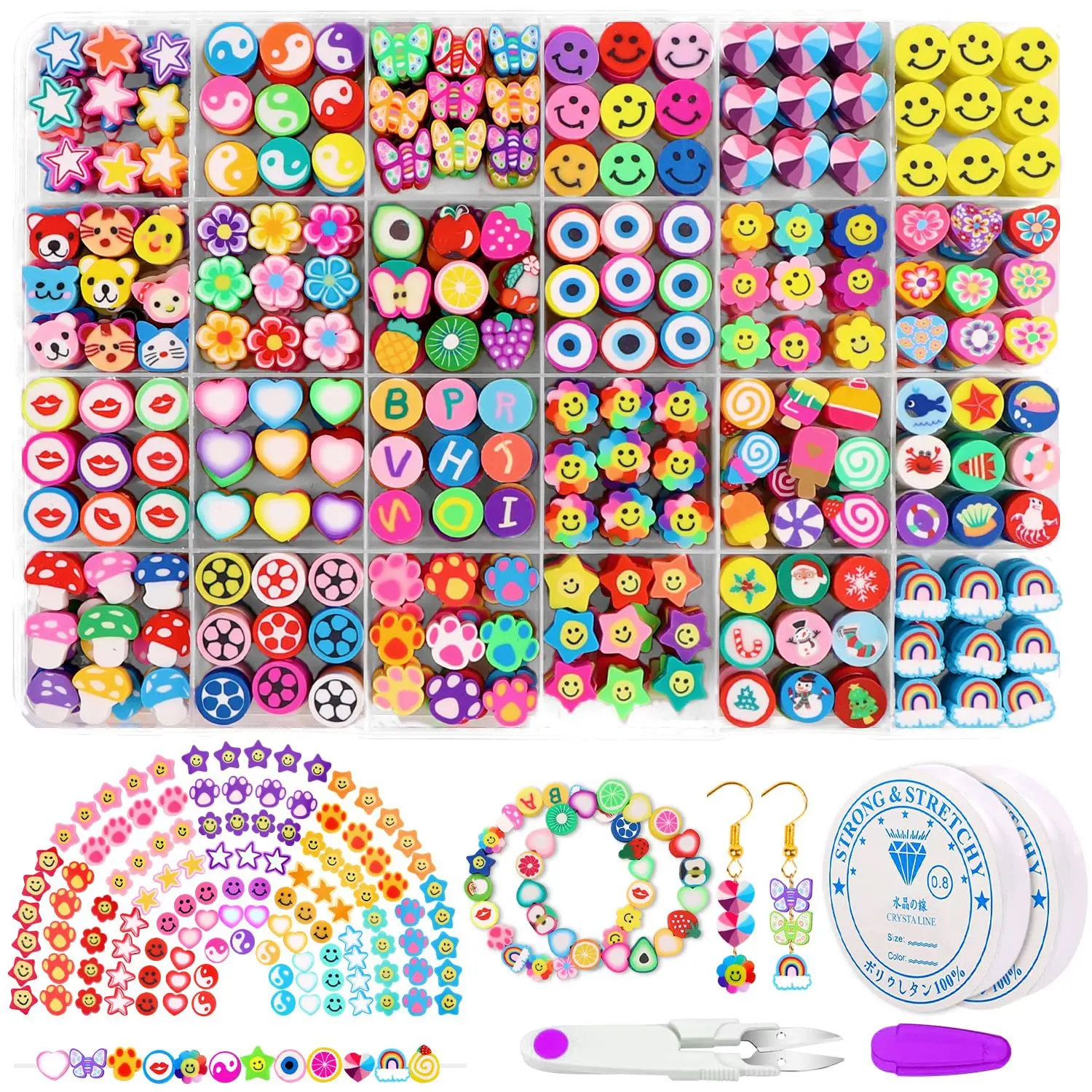 10MM Cute Clay Polymer Beads Set Box For Bracelet Jewelry Making DIY Accessories Charm Smiling Face Fruits Child Puzzle Bead Kit