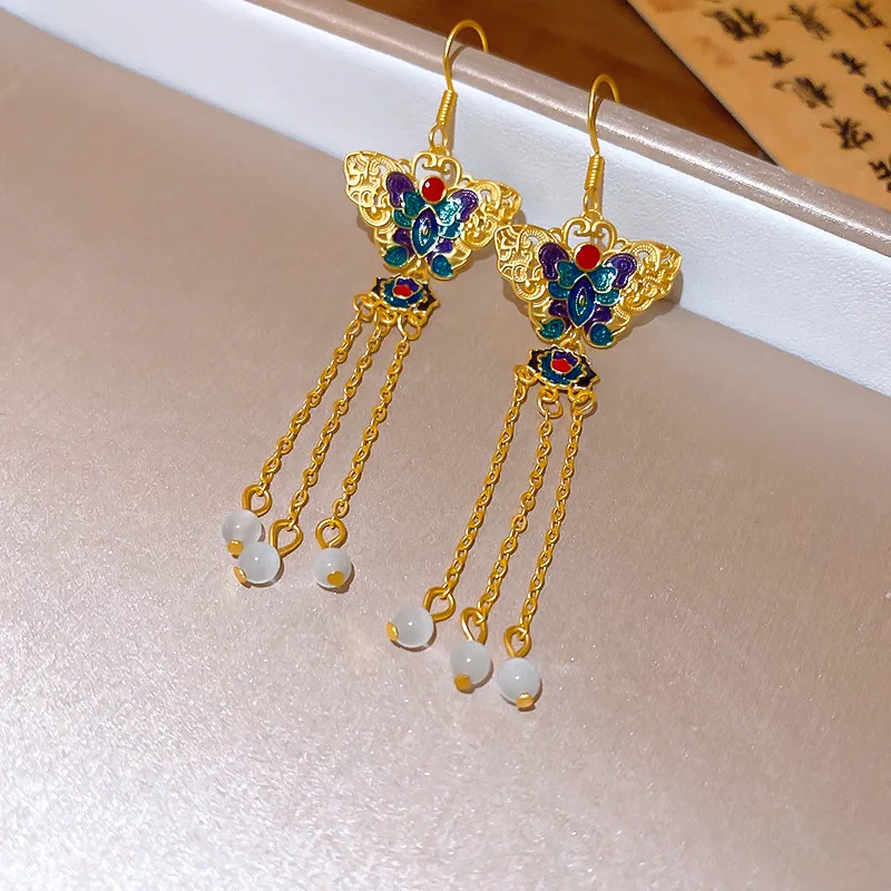 Женские серьги-подвески в виде бабочки с античным опалом