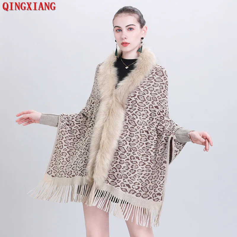 

2022 Women Autumn Winter Leopard Printed Poncho Capes Faux Fox Fur Batwing Sleeves Warm Out Streetwear Knitted Loose Tassel Coat