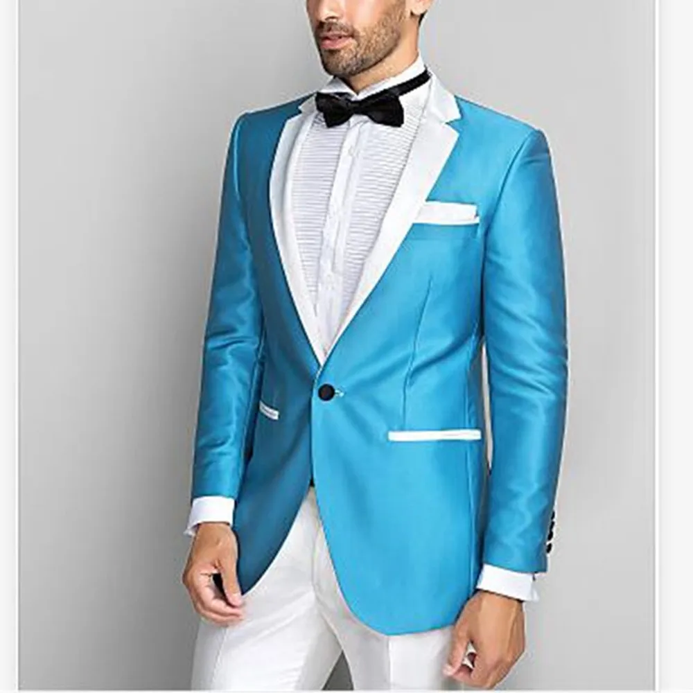 

New Men's Suit Smolking Noivo Terno Slim Fit Easculino Evening Suits For Men Blue Blazer White Lapel Groom Tuxedos Prom Dinner