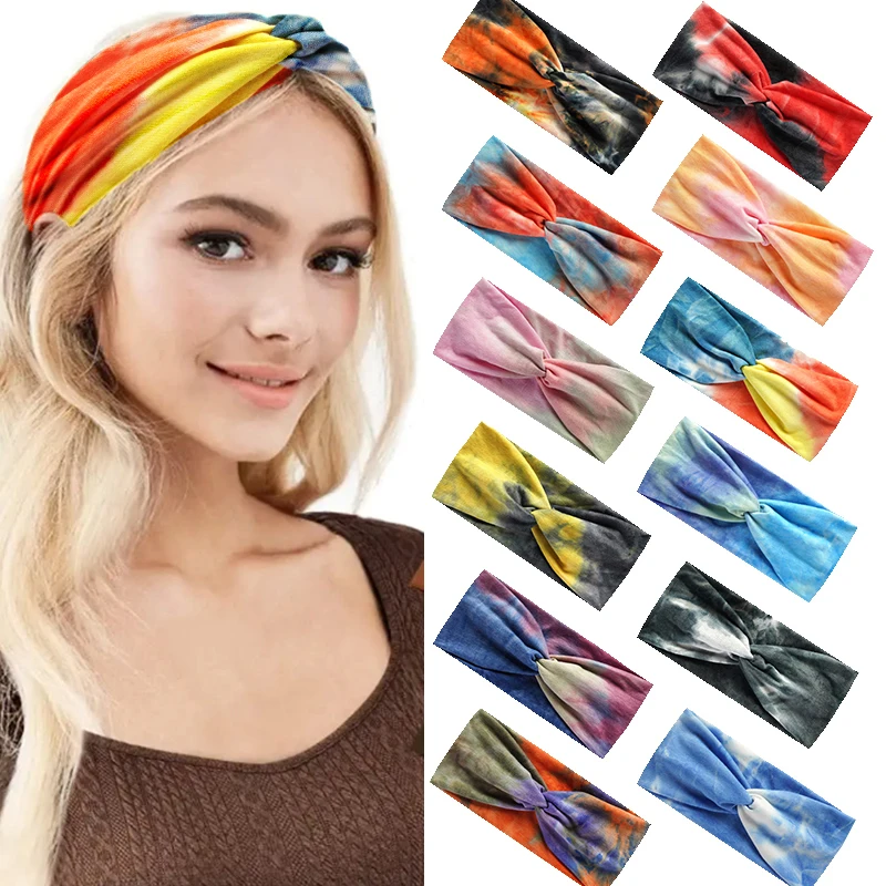 

Bohemian Yoga Sports Wide Hairband Tie Dye Cross Headbands Sweatband Bandana Head Wrap Four Seasons Elastic Hair Band Stretch