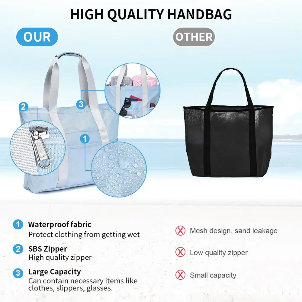 Mesh Beach Bag  Women Large Lightweight Waterproof Sandproof Beach Tote Bags with 8 Side Pockets  Gym Beach Travel Shopping Picn