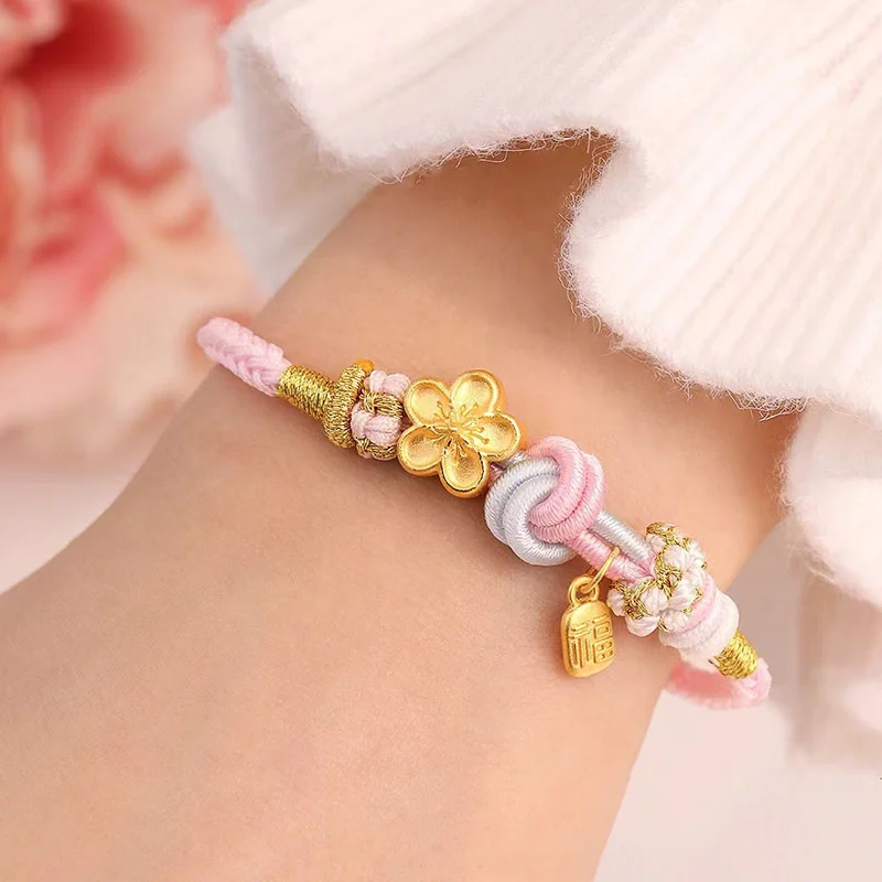 

Fu Brand Peach Blossom Hand Woven Pink Rope Ancient Method Copy 100% Real Gold 24k Flower Transfer Beads Bracelet Gift for