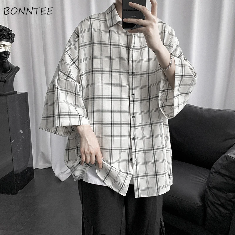 

Women Summer Shirts Three Quarter Sleeve Casual Loose Oversize Chic Plaid Students Ins Retro All-match Simple Teens Ulzzang Soft