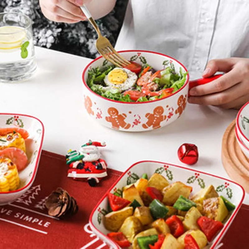 

Christmas Gingerbread Man Cheese Baked Rice Baking Tray Oven Household Creative Ceramic Tableware Net Red Handle Plate