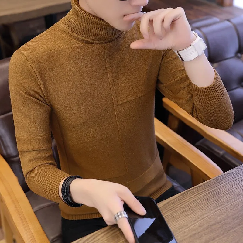 2022 Korean Slim Solid Color Turtleneck Sweater Mens Winter Long Sleeve Warm Knit Sweater Classic Solid Casual Bottoming Shirt