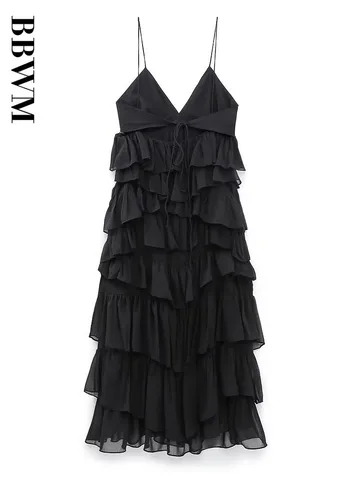 2023 Women Black Laminated Decoration Midi Dress V Neck Vintage Sleeveless Chic Female Streetwear Spaghetti Strap Dresses