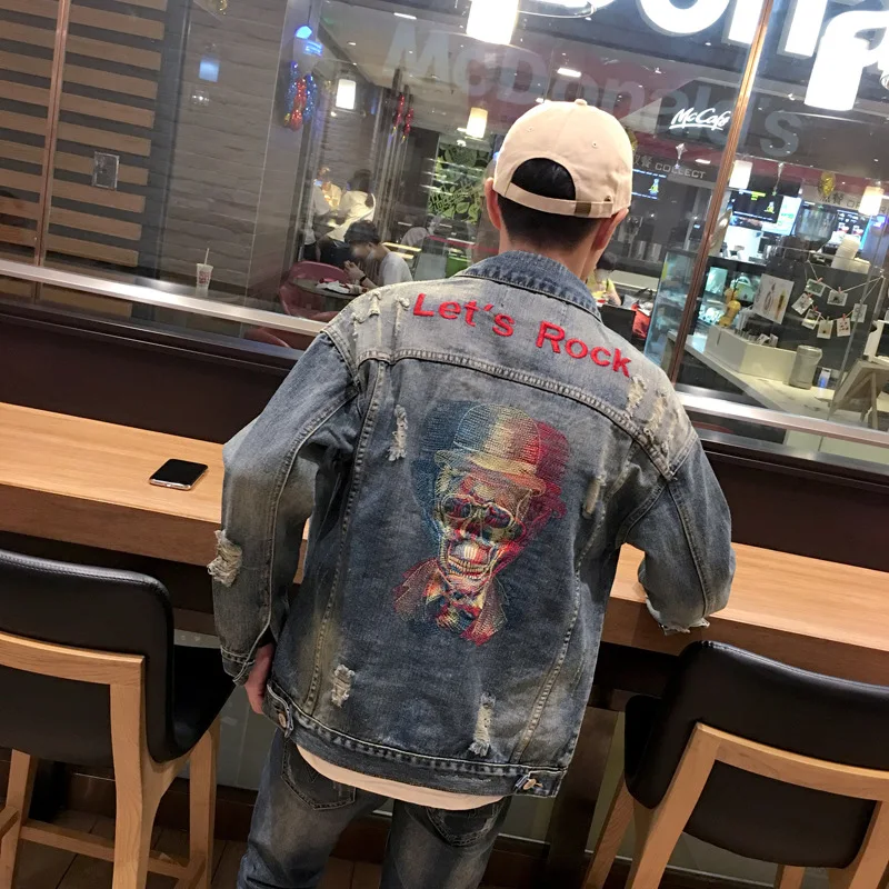 

Autumn 2021 Fashion new Japanese retro brand hip-hop street ripped hole jacket casual skull embroidery Korean denim clothing men