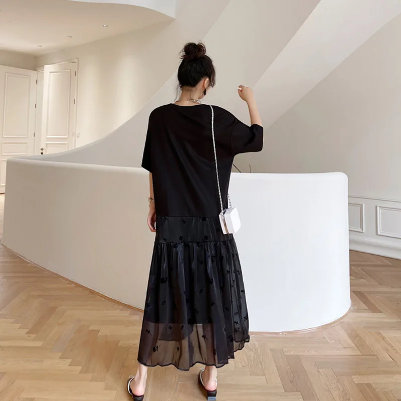 Loose Plus Size 4XL Women's Clothing 2022 Summer Butterly Print Patchwork Lace Black Pleated Dress Female Robe Vestido KE2823 - купить по