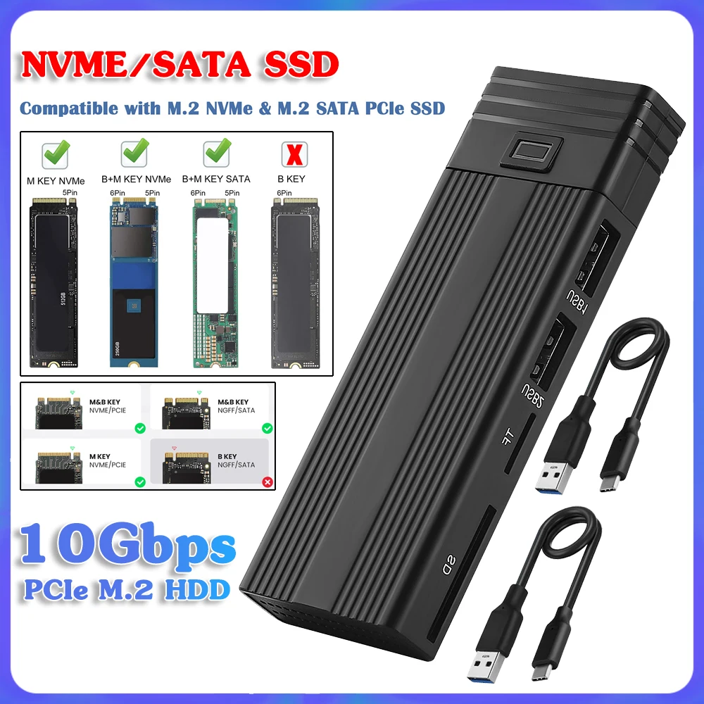 

10Gbps PCIe M.2 HDD+HUB Enclosure USB 3.2 Gen 2 NVMe/SATA Mobile SDD Case Support 2230 2242 2260 2280 SSD for Desktop Laptop