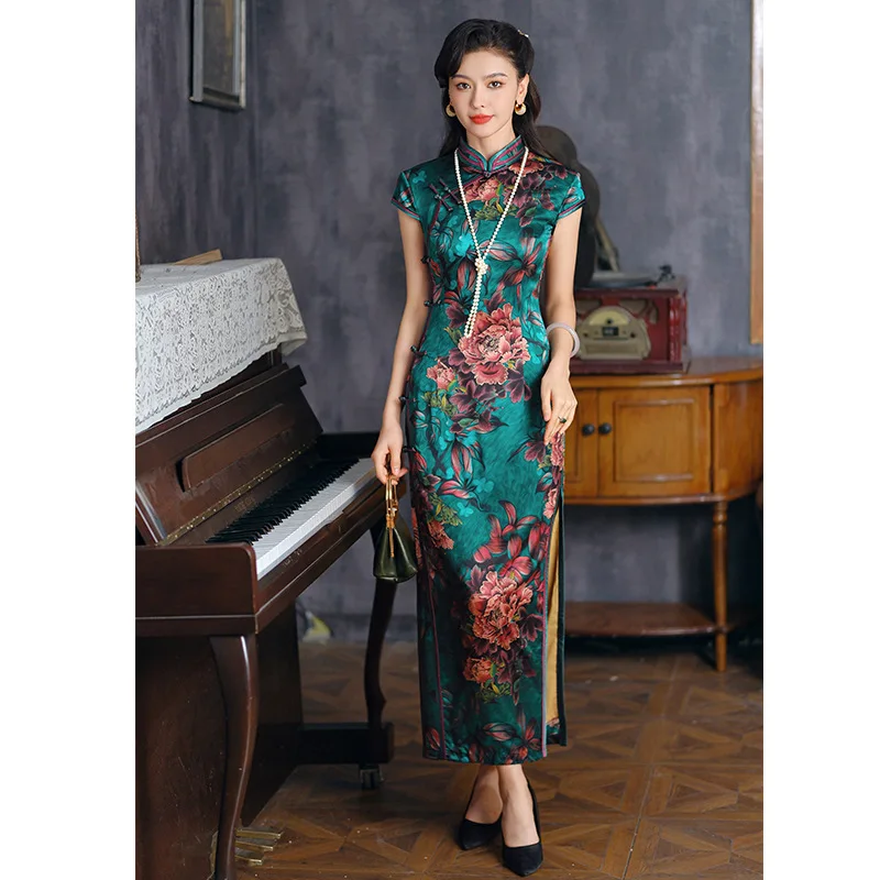 Высококачественная зеленая высококачественная юбка Cheongsam Qipao из натурального