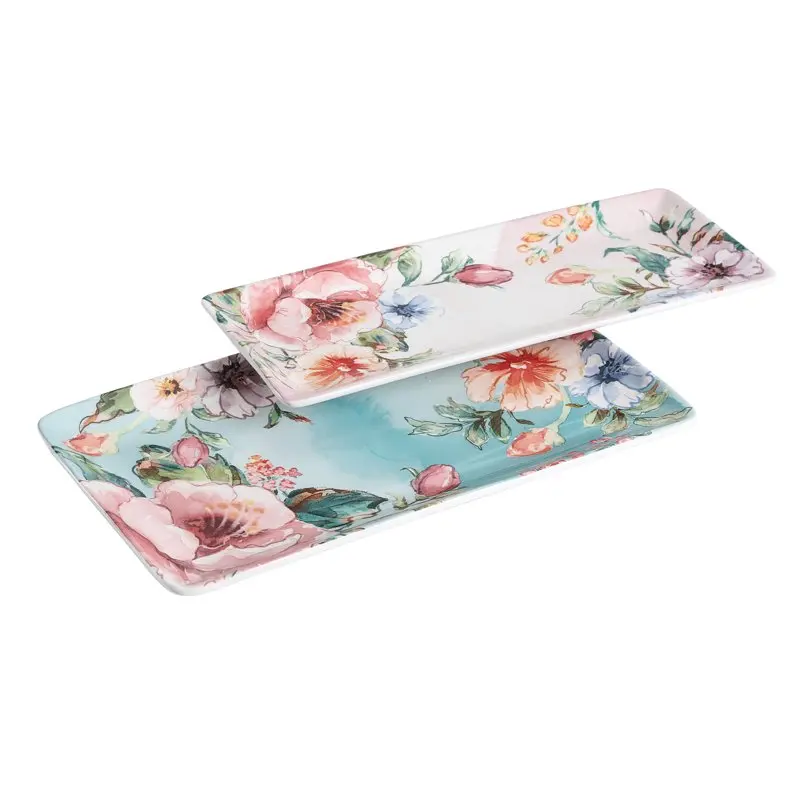 

Bico Margret's Garden Ceramic 14 inch Rectangular Serving Platter, Set of 2, for Serving Salad, Pasta, Cheese, Ham, Appetizer,