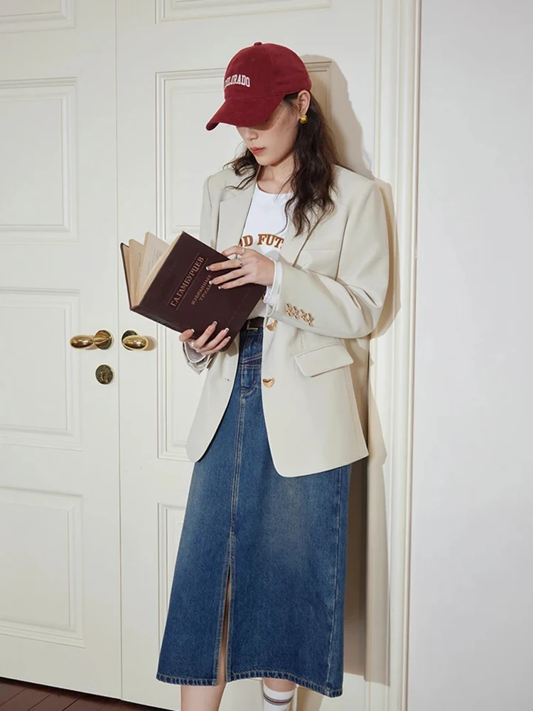 

Женский однобортный Блейзер, элегантный пиджак бежевого цвета с отложным воротником, 2023