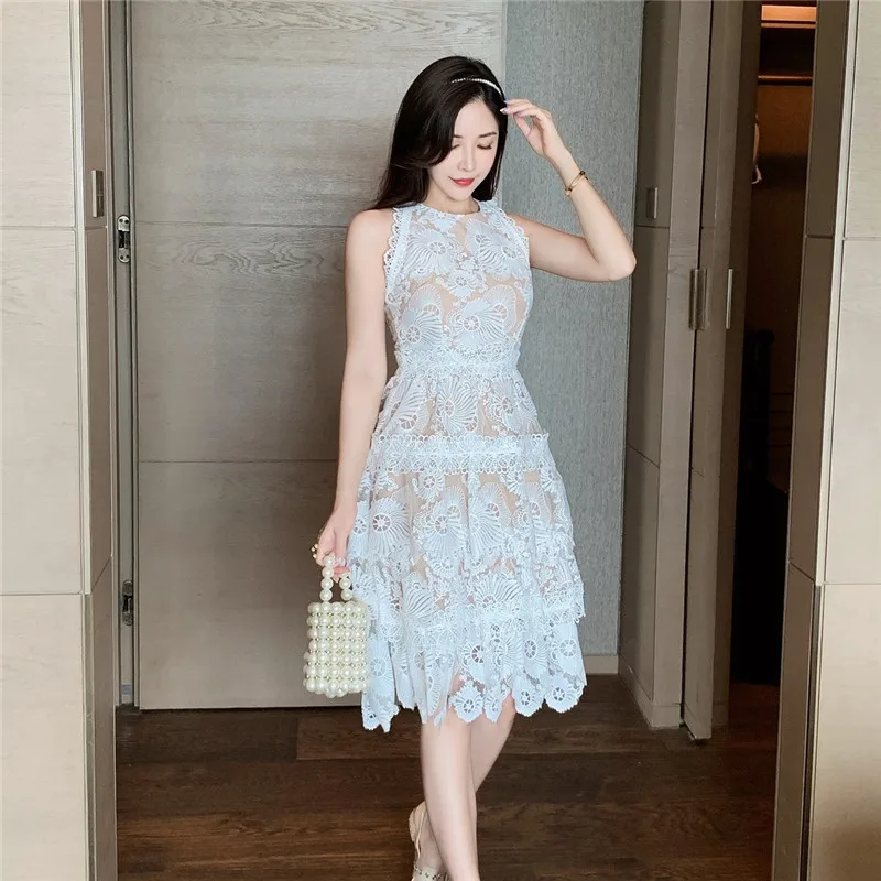 New Arrival Sleeveless Lace Hollow Out Dress Ladies O-Neck High Waist Temperament Party White Vestidos Women Clothes D595