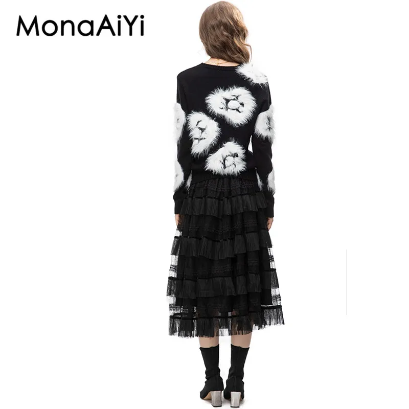 Осеннее темпераментное плюшевое платье MonaAiYi с принтом и круглым вырезом высокой