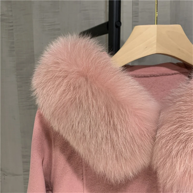 Winter Fur Coat Women Wool Jacket Long Large Real Fox Fur Collar Hood Jacket Fashion Overcoat Ladies Warm Luxury Streetwear