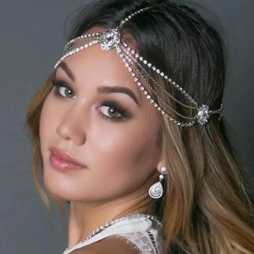 

Bohemian bride's wedding head chain shining Rhinestone Hair Ornament women's wedding oval crystal hair chain jewelry gift
