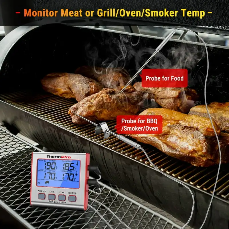 

Пищевой термометр для гриля, большой пищевой термометр с ЖК-дисплеем и таймером, с двумя щупами, для духовки, гриля, барбекю