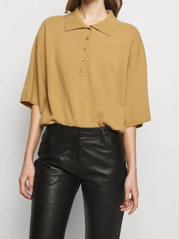 

Women Classic Turn-Down Collar Knitted Sweater Half Sleeve Drop-Shoulder Jumper Female Pullover Tops with Open Buttons 2022