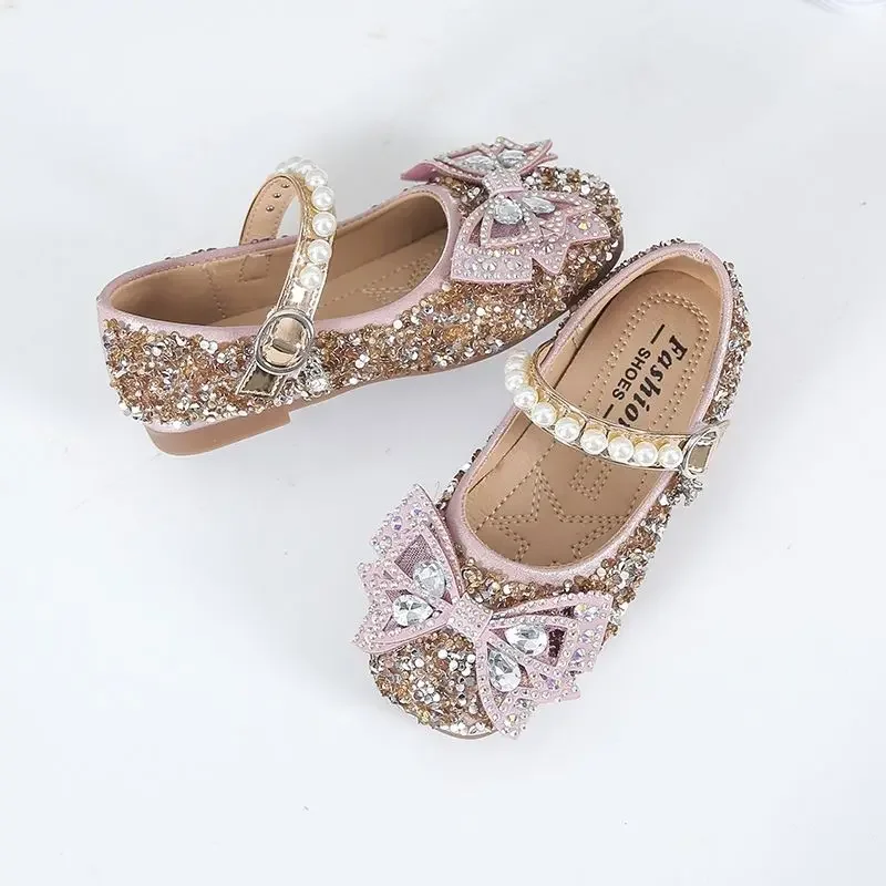 

Kids Sandals Children Summer Rhinestone Bow Girls Party Dance Shoes Soft Bottom Non-Slip Baby Shiny Princess Shoes