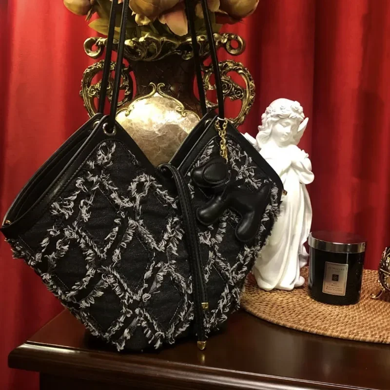 

Athena Black Denim Tote Bag 2023 Small Retro New Advanced Shoulder Bags Luxury Brand Designer Purses and Handbags Real Leather